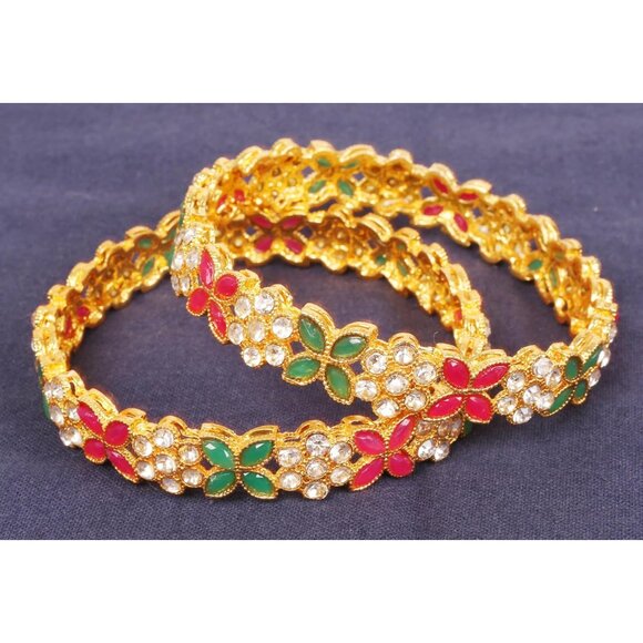 Indian Bollywood Gold Tone Floral Rhinestone Thick Bangle Set for Women - Picture 8 of 8